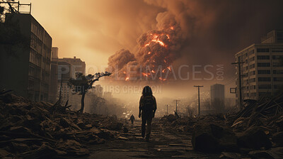 Silhouette figure standing in middle of street looking at explosion and destruction.