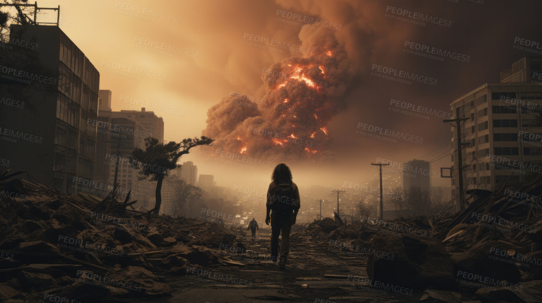 Buy stock photo Silhouette figure standing in middle of street looking at explosion and destruction.