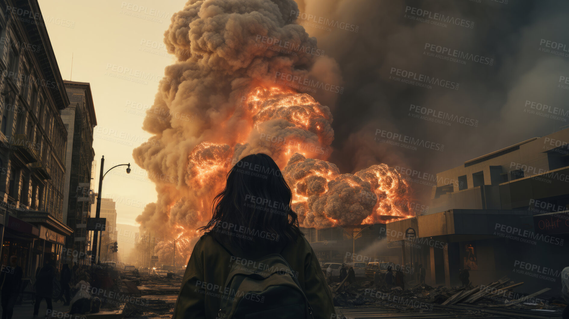 Buy stock photo Big explosion in city. Silhouette of person viewing flames and destruction.