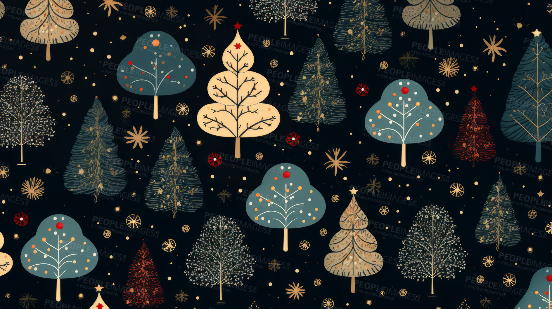 Buy stock photo Retro pattern with stars and trees. Christmas background concept.