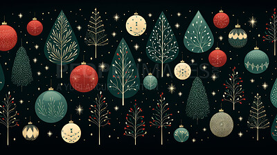 Retro pattern with balls and trees. Christmas background concept.