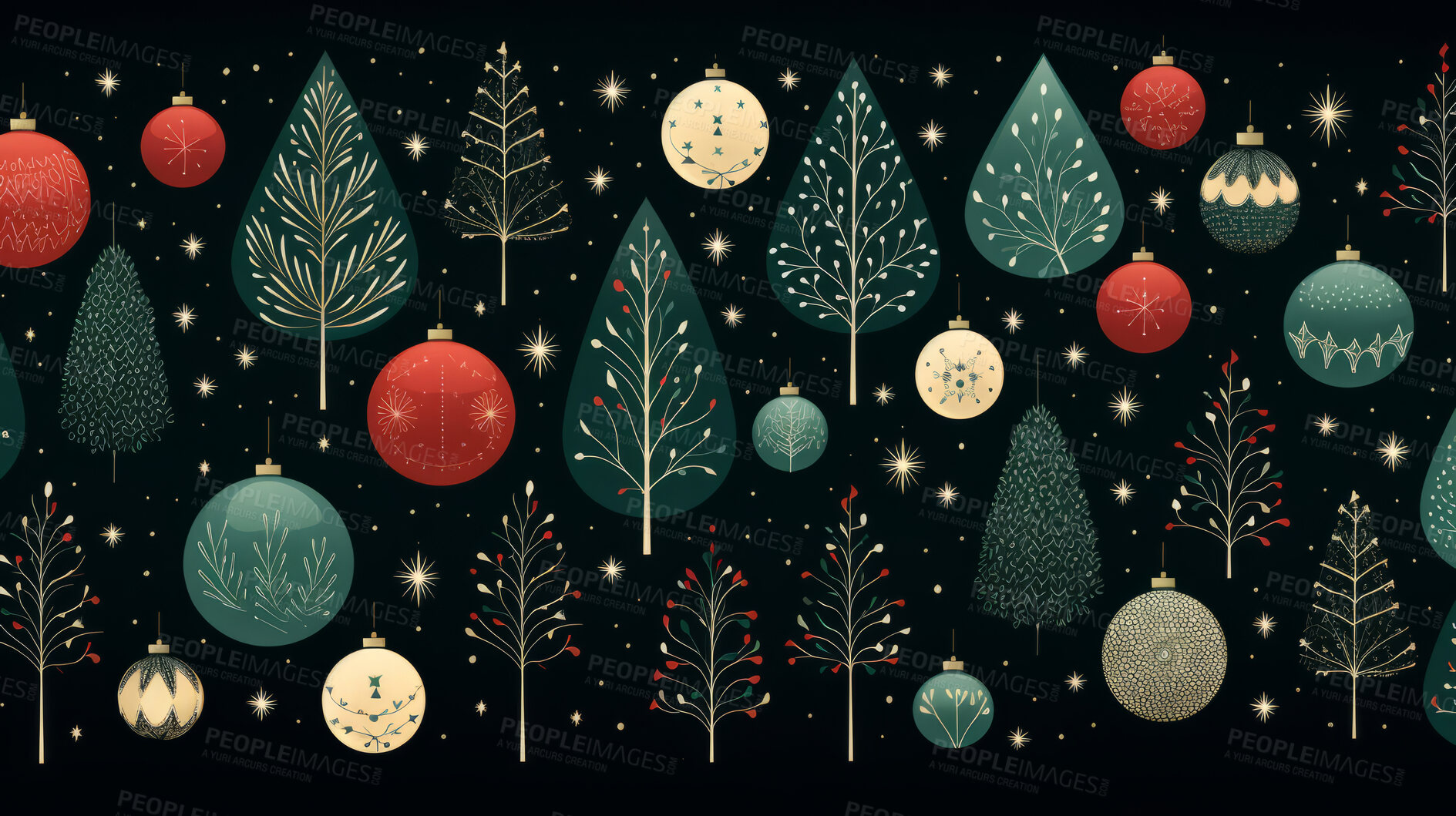 Buy stock photo Retro pattern with balls and trees. Christmas background concept.