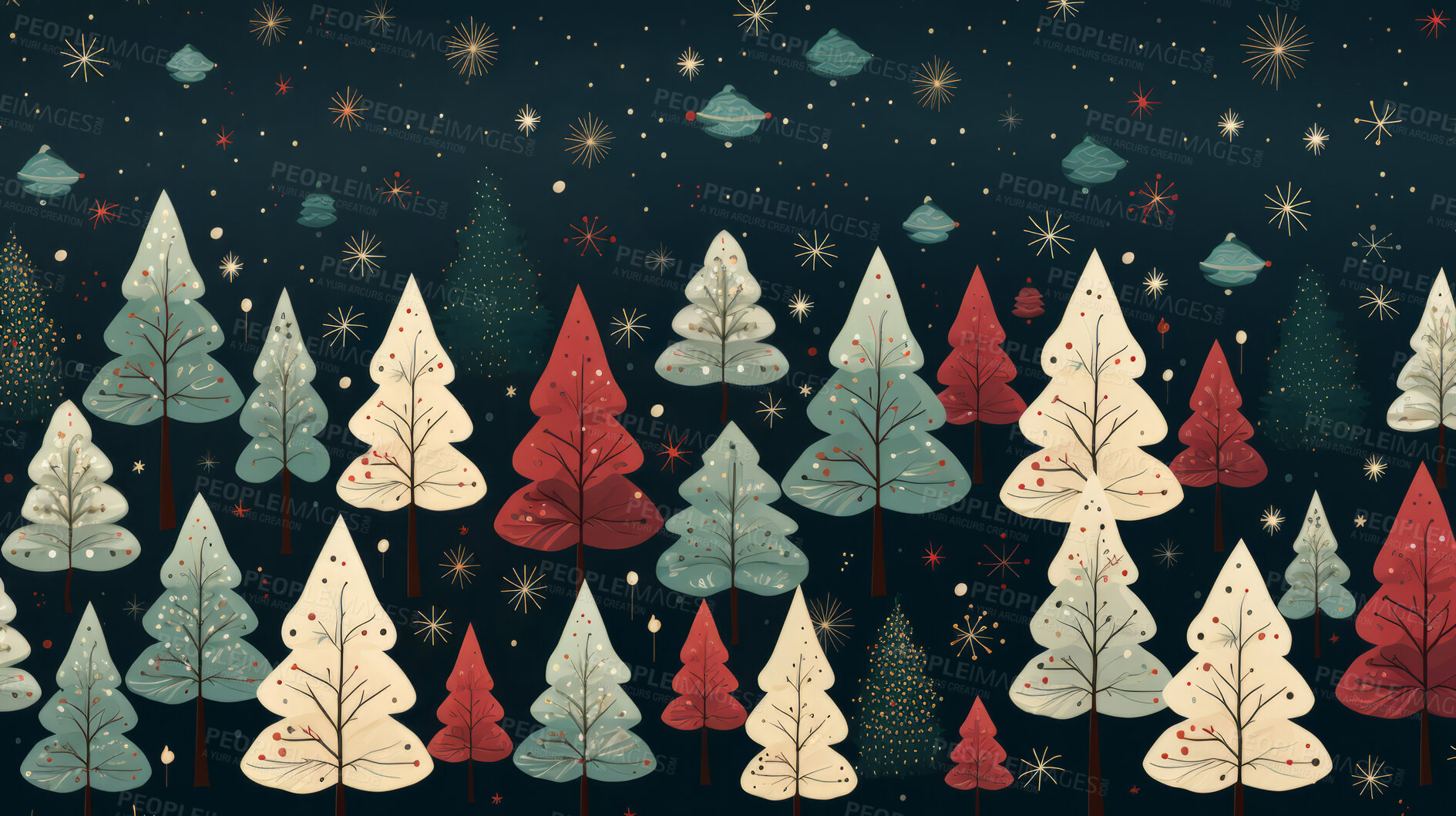 Buy stock photo Retro  pattern with stars and trees. Christmas background concept.