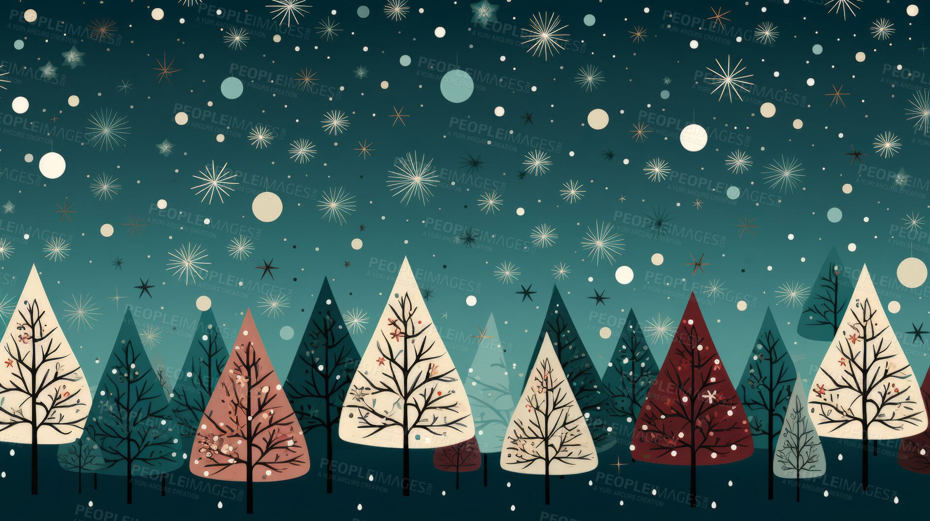 Buy stock photo Retro  pattern with stars and trees. Christmas background concept.