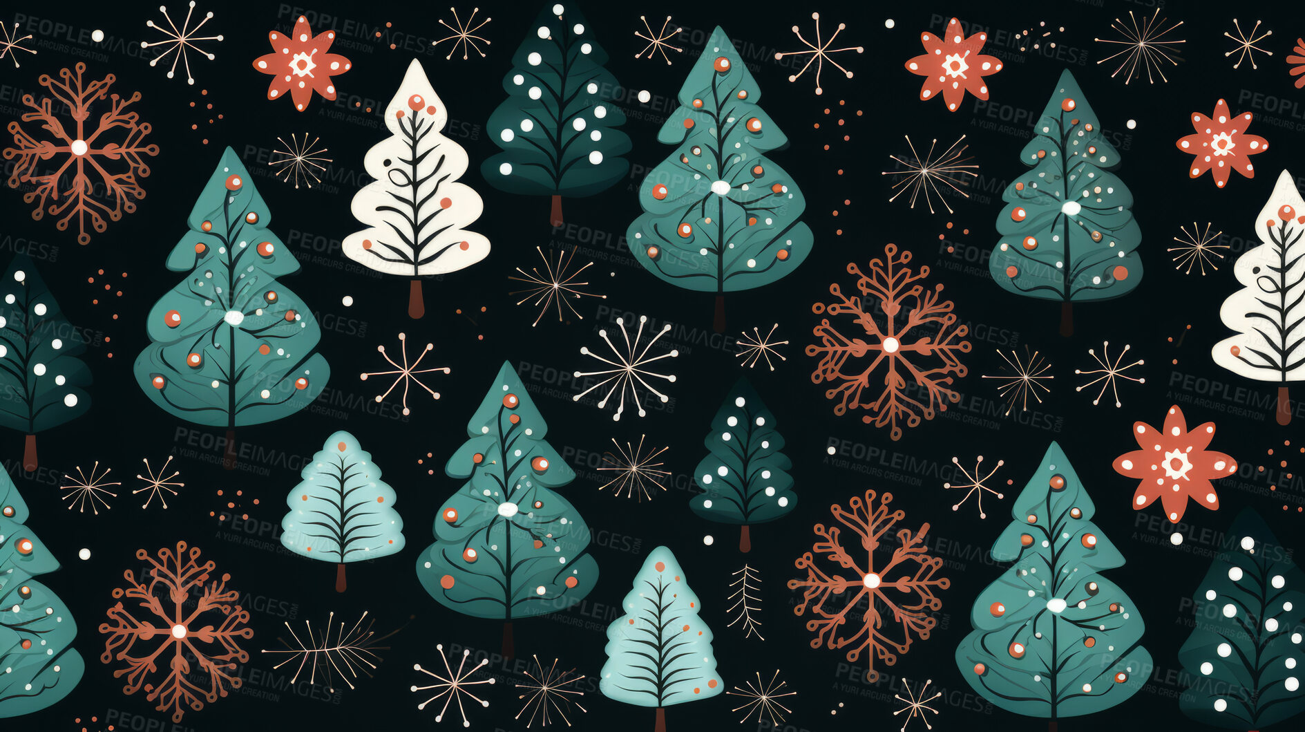 Buy stock photo Retro  pattern with stars and trees. Christmas background with snowflakes.