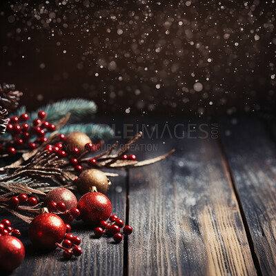 Decorative christmas flowers on table. Dark background with snow dust. Christmas concept.