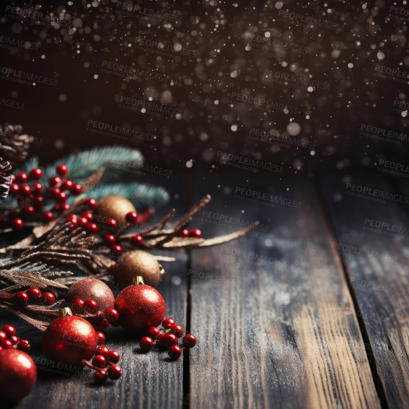 Buy stock photo Decorative christmas flowers on table. Dark background with snow dust. Christmas concept.