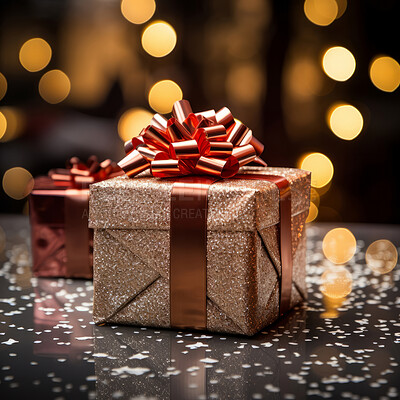 Buy stock photo Gift with ribbon and bow on table. Bokeh in background.