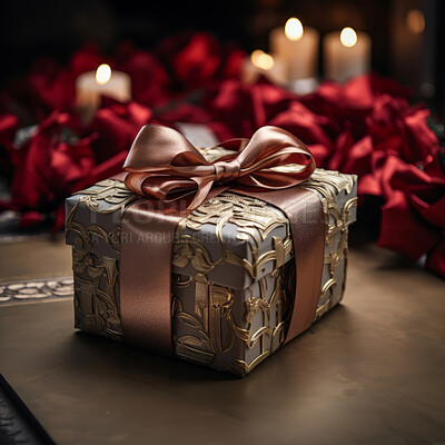 Gift with ribbon and bow on table. Bokeh in background.
