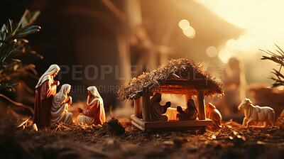 Close up of christmas nativity scene under beautiful sunlight. Christmas concept.