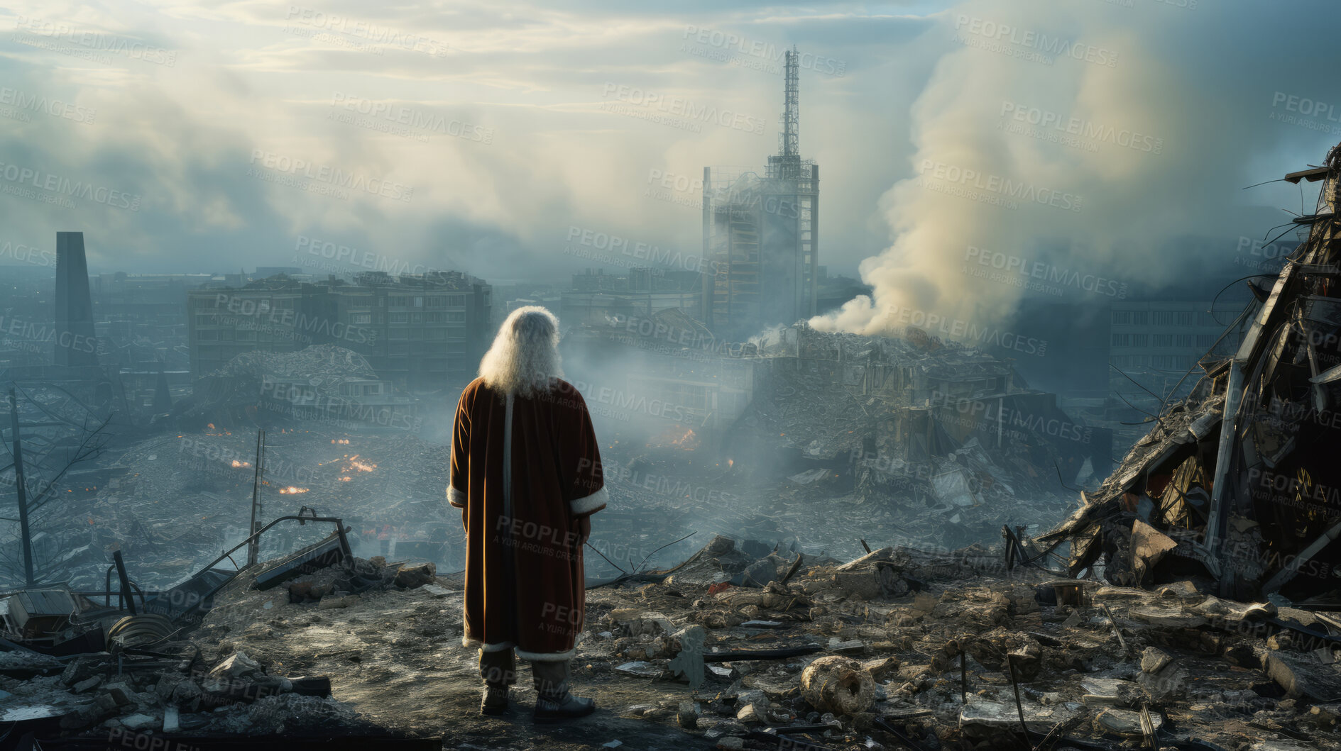 Buy stock photo Santa in apocalyptic city. Nuclear winter. War torn. End of  society concept.