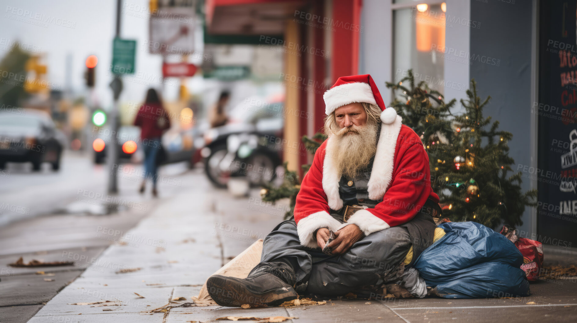 Buy stock photo Homeless santa sitting in city street. Economic concept.