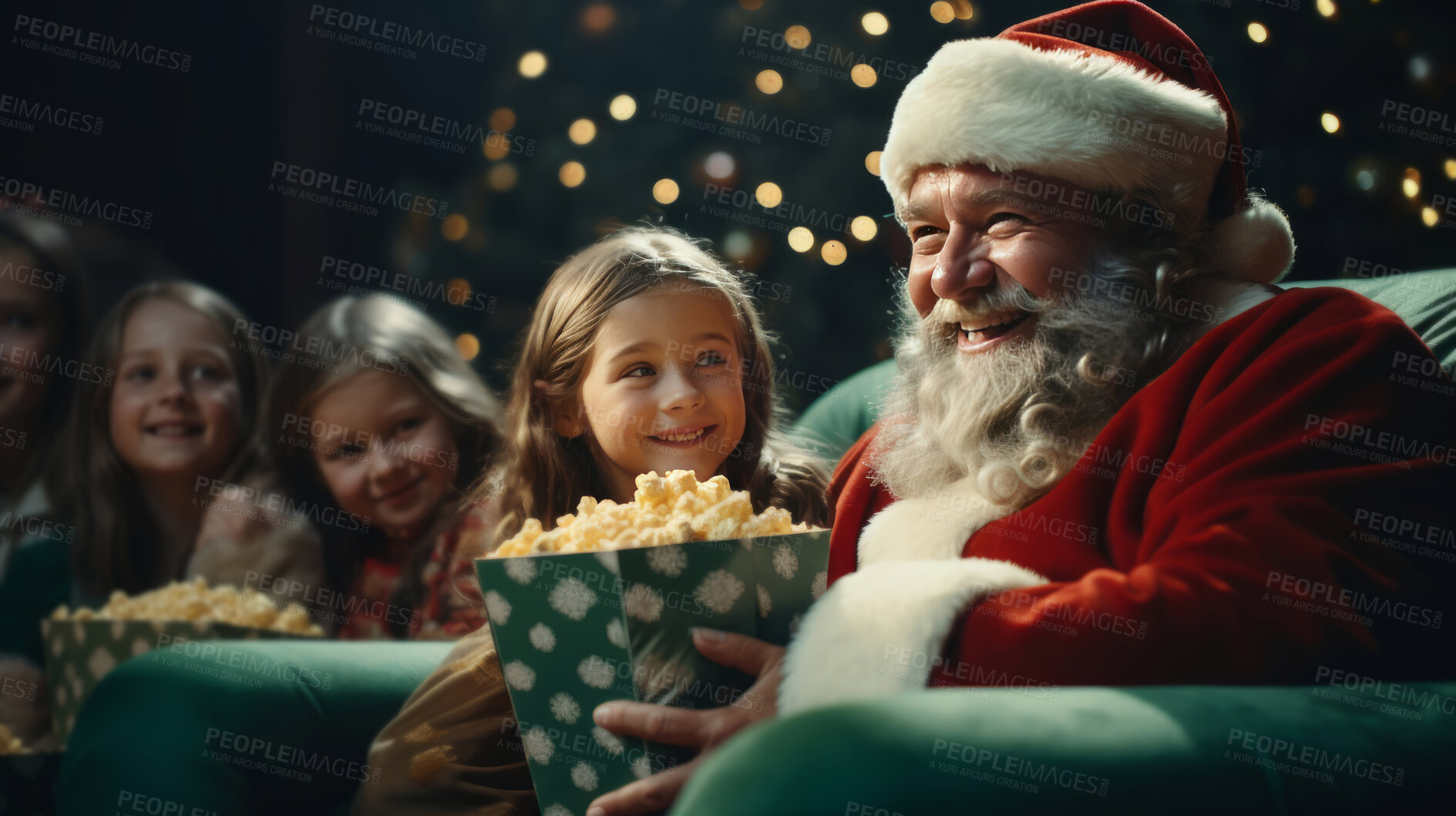 Buy stock photo Santa watching movie in cinema with children. Christmas concept.