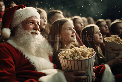 Santa watching movie in cinema with children. Christmas concept.