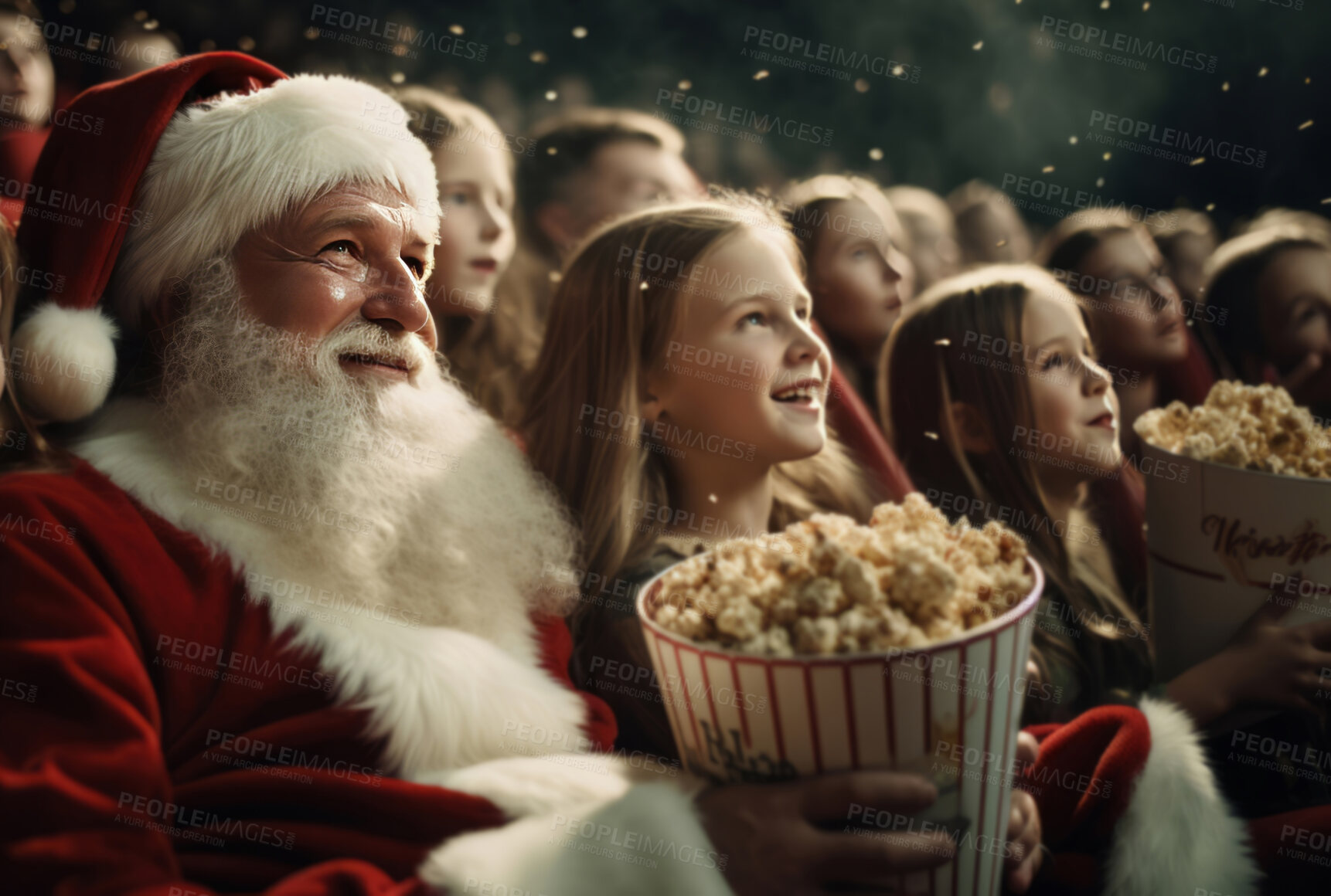 Buy stock photo Santa watching movie in cinema with children. Christmas concept.