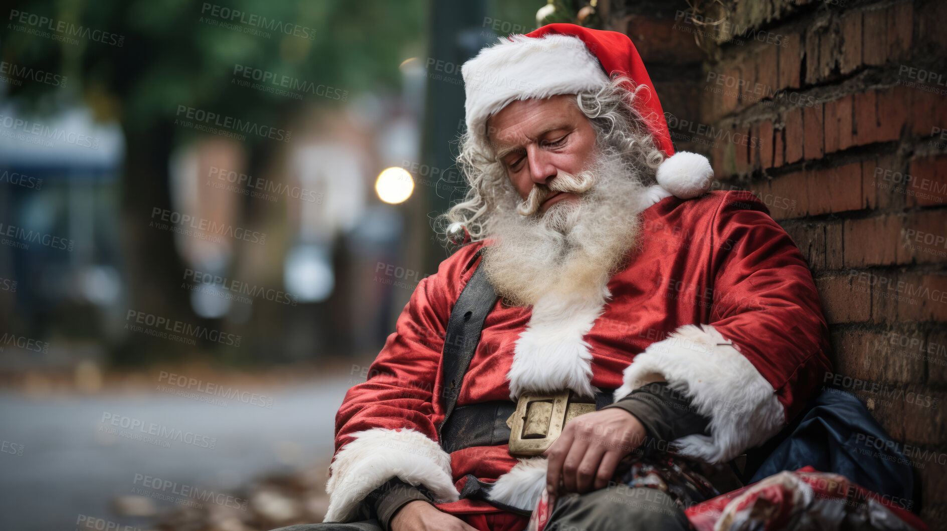Buy stock photo Homeless santa sleeping in city street.Homeless santa sleeping in city street. Economic concept.