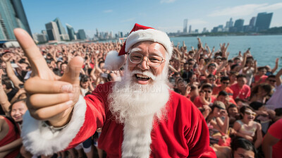 Happy santa in busy modern city. Holiday, festive season. Big party, event. Christmas concept.