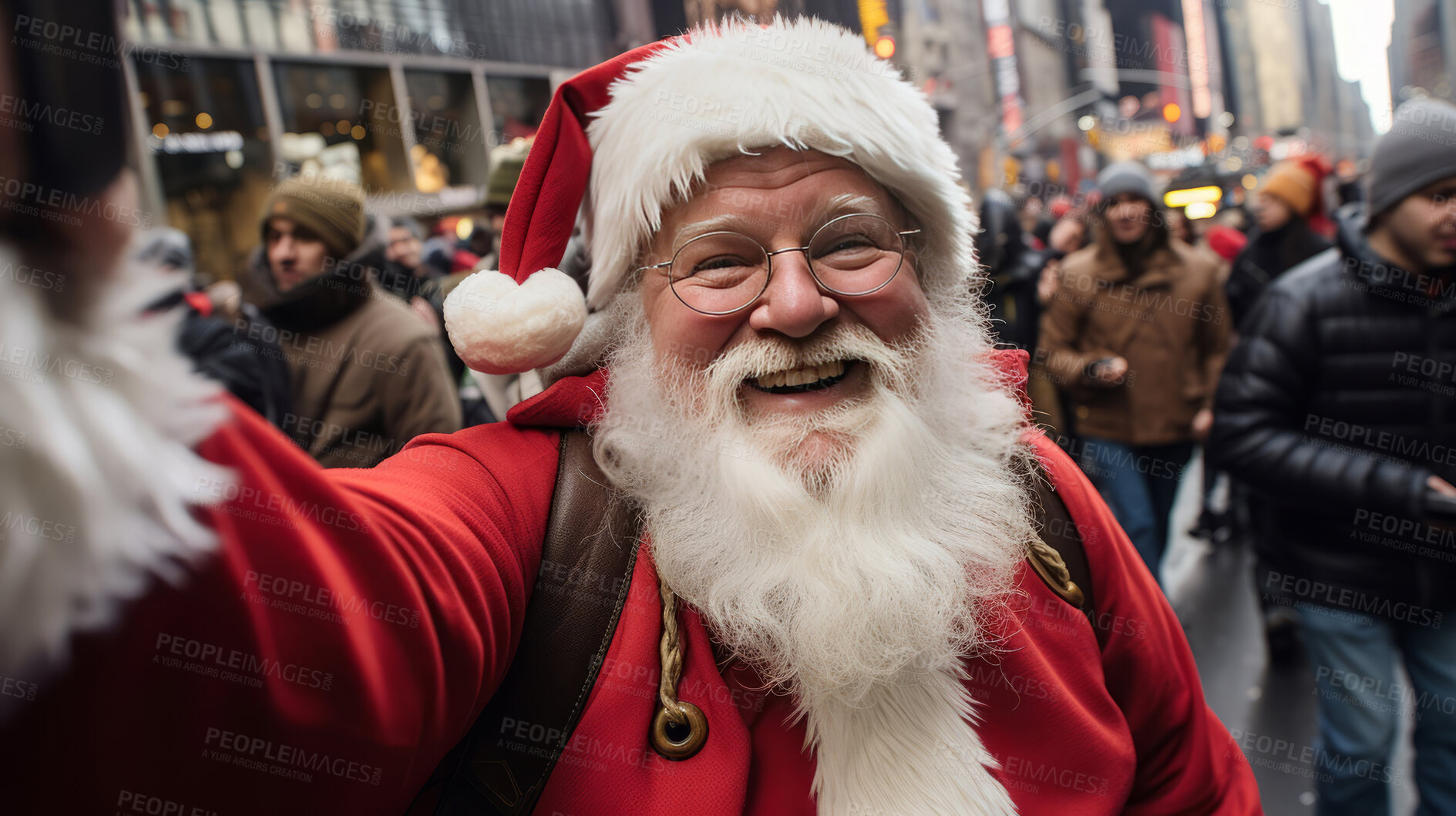 Buy stock photo Happy santa taking a selfie in busy city street. Holiday, festive season.