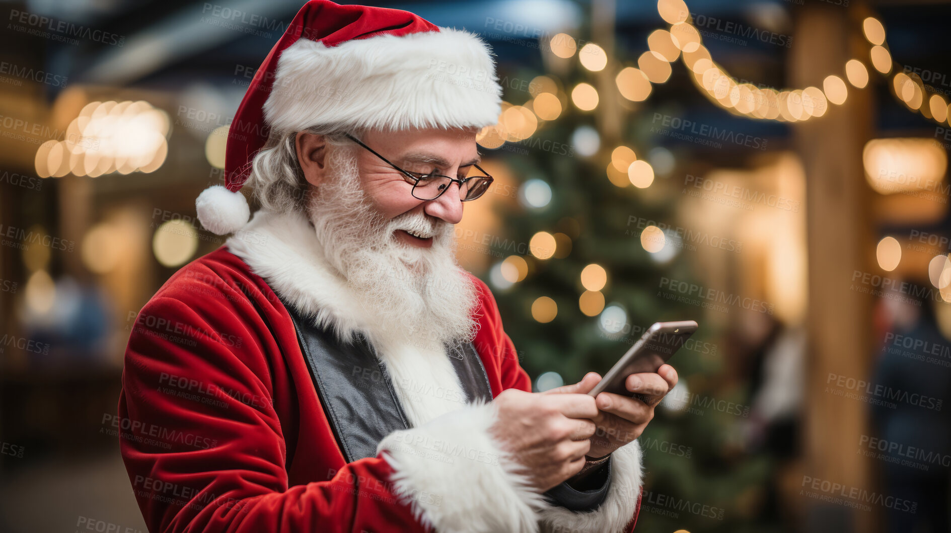 Buy stock photo Candid shot of santa typing on smartphone. City street. Night time. Christmast concept.