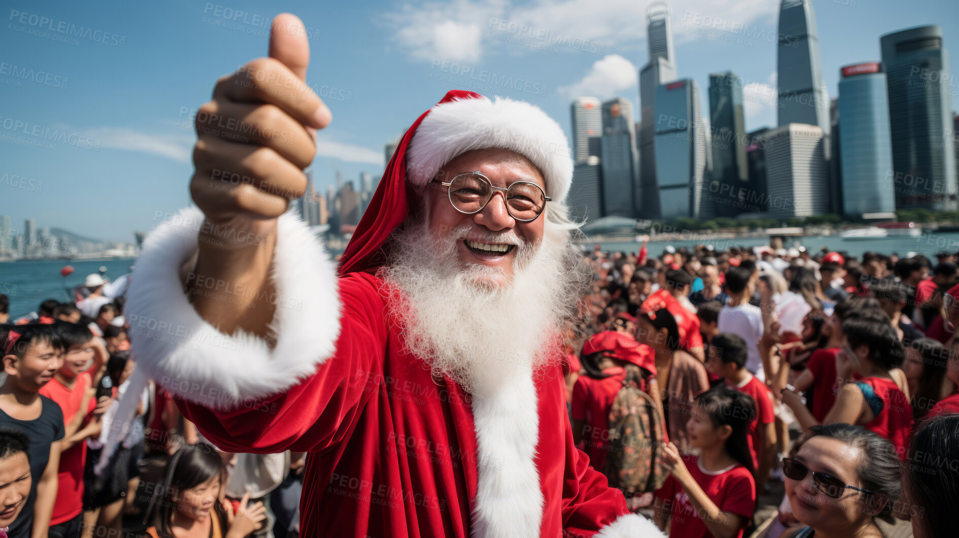 Buy stock photo Happy santa in busy modern city. Holiday, festive season. Big event. Christmas concept.