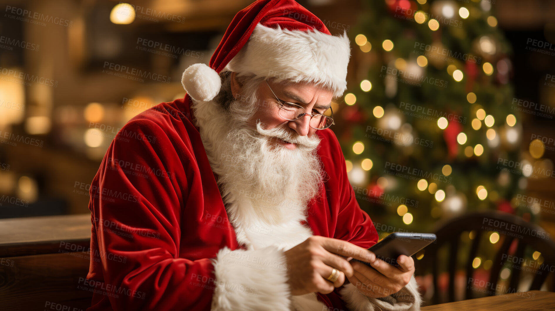 Buy stock photo Portrait of santa sitting at desk typing on smartphone. Christmas concept.