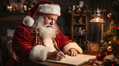 Portrait of santa sitting at desk writing in book, night time. Christmas concept.