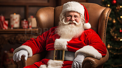 Buy stock photo Portrait of santa sitting in leather chair in house. Christmas tree and decorations