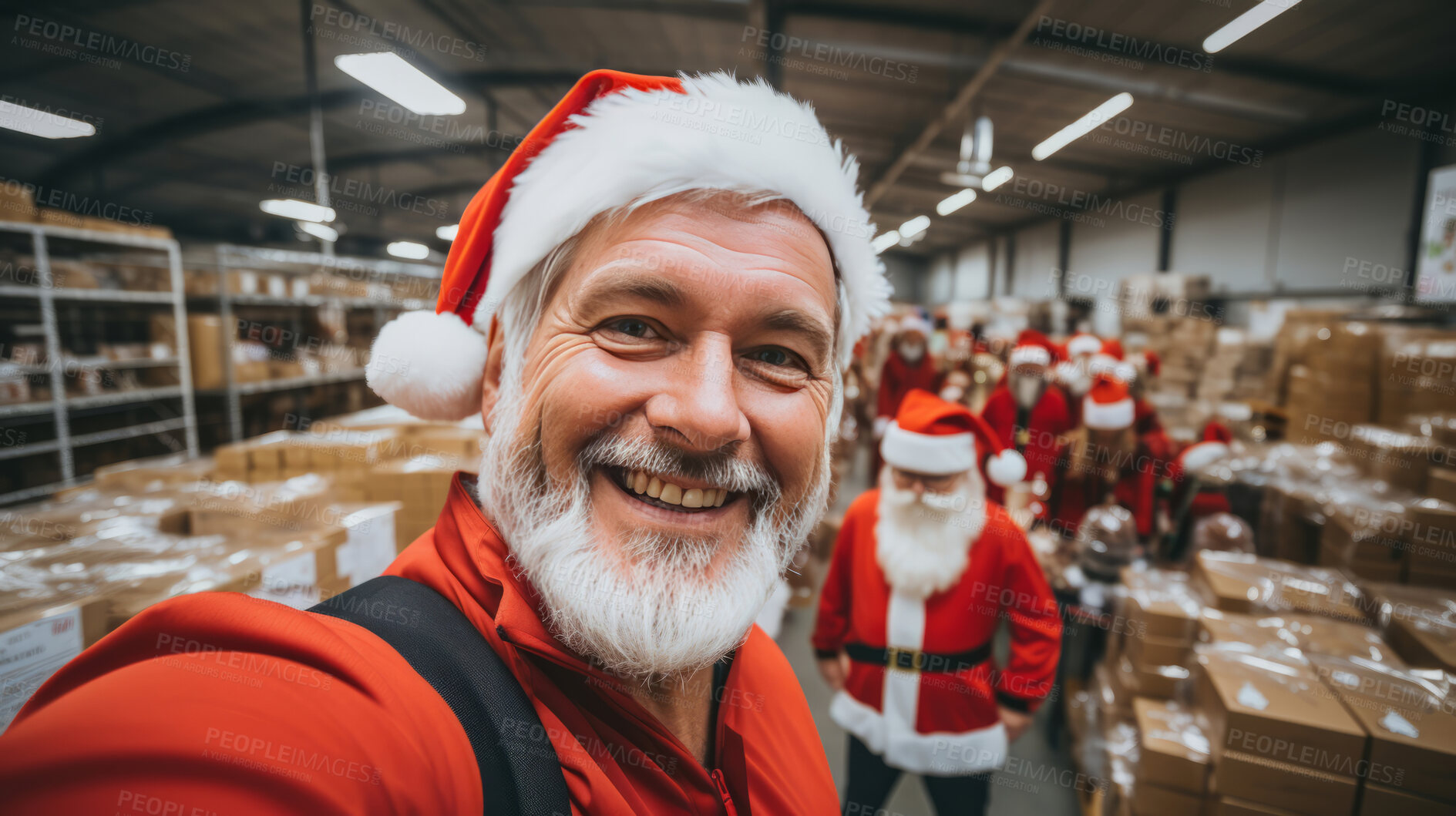 Buy stock photo Selfie of happy volunteer or worker in warehouse. Wearing christmas caps smiling.