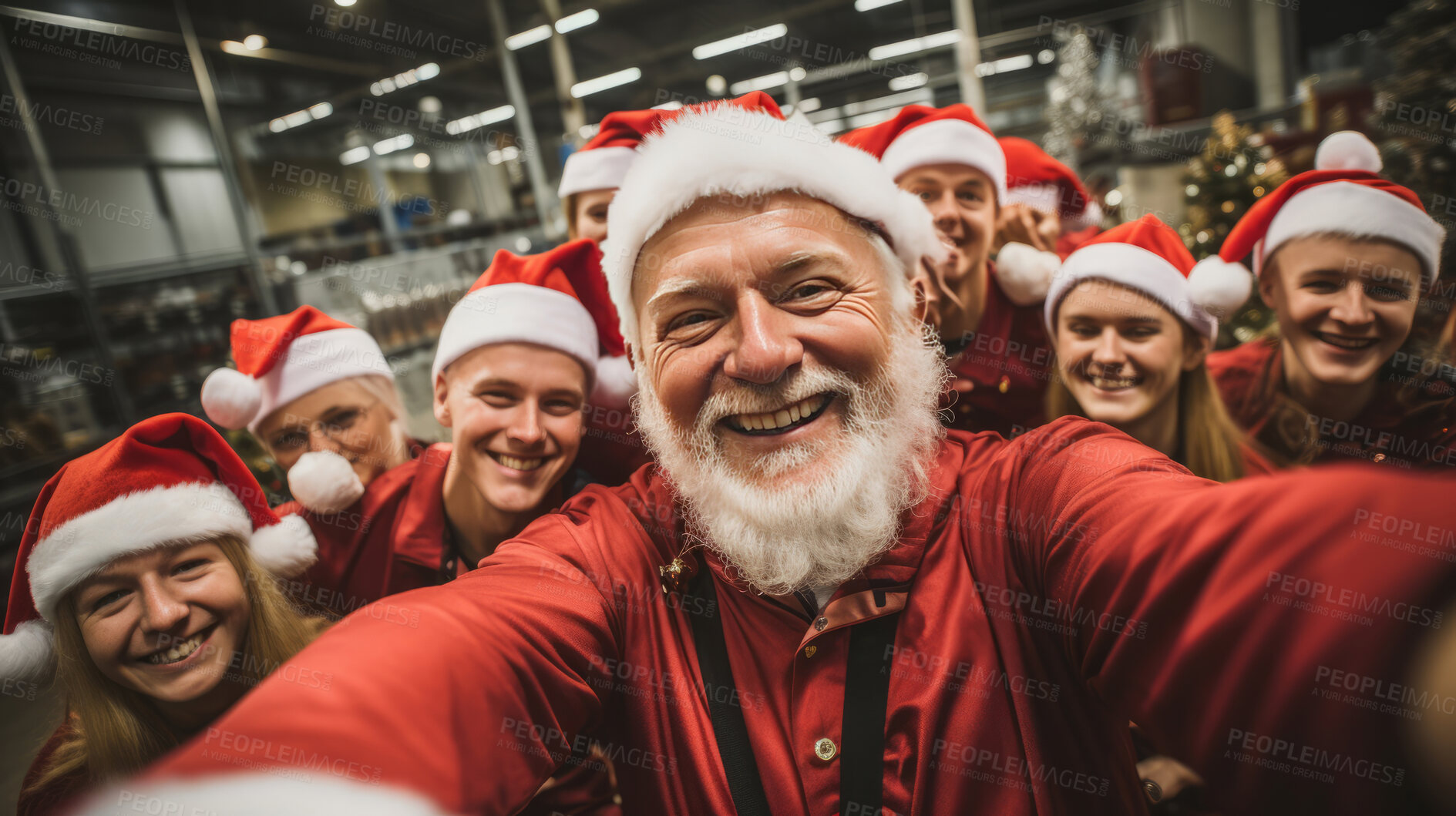 Buy stock photo Selfie of happy volunteers or workers in warehouse. Wearing christmas caps smiling.