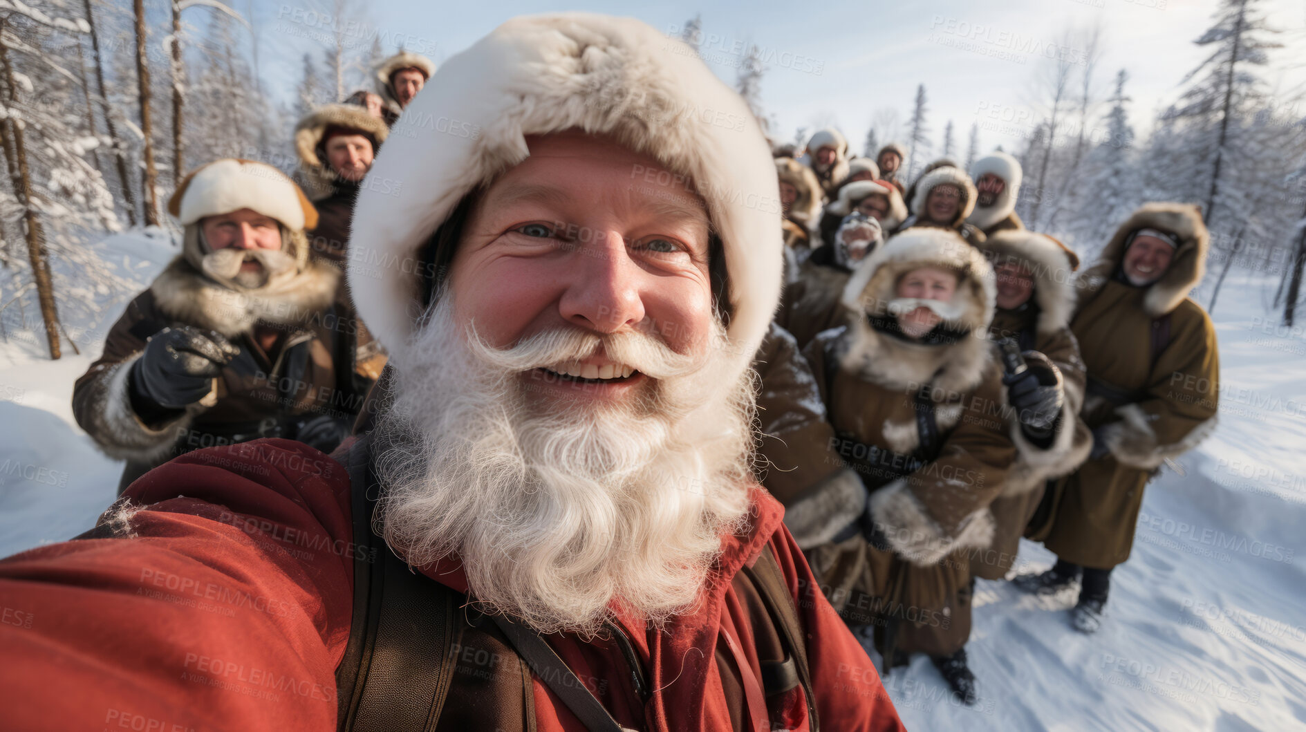 Buy stock photo Selfie of santa and group of elves in background. Outdoors in snow. Christmas concept.