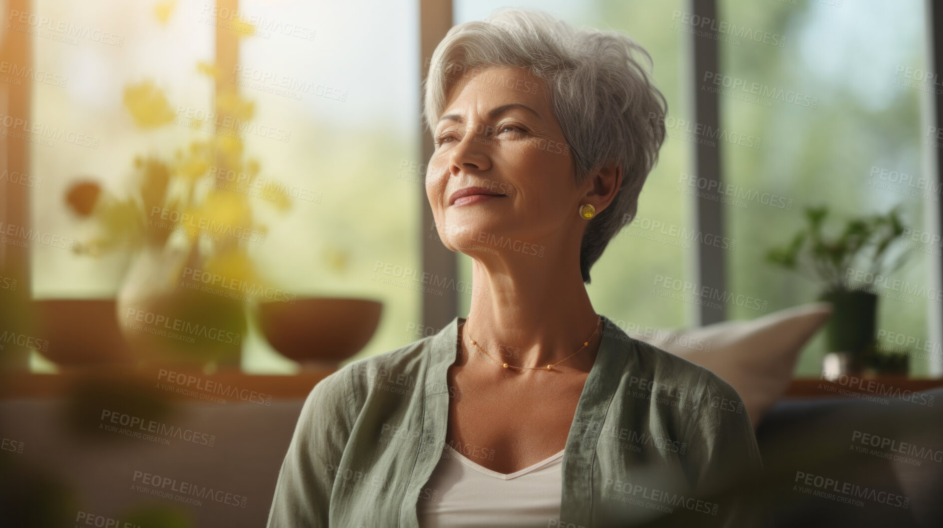 Buy stock photo Mature senior woman practice guided meditation for mental health problems and peace