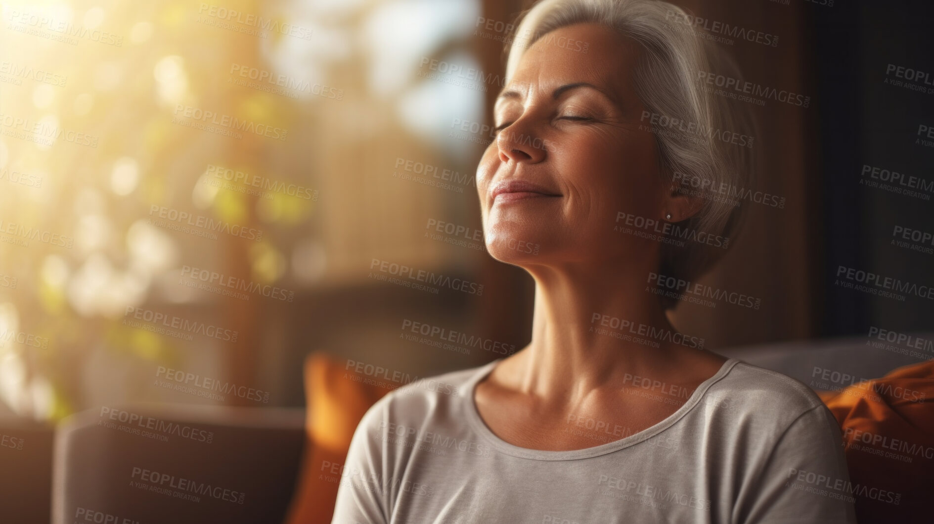 Buy stock photo Mature senior woman practice guided meditation for mental health problems and peace