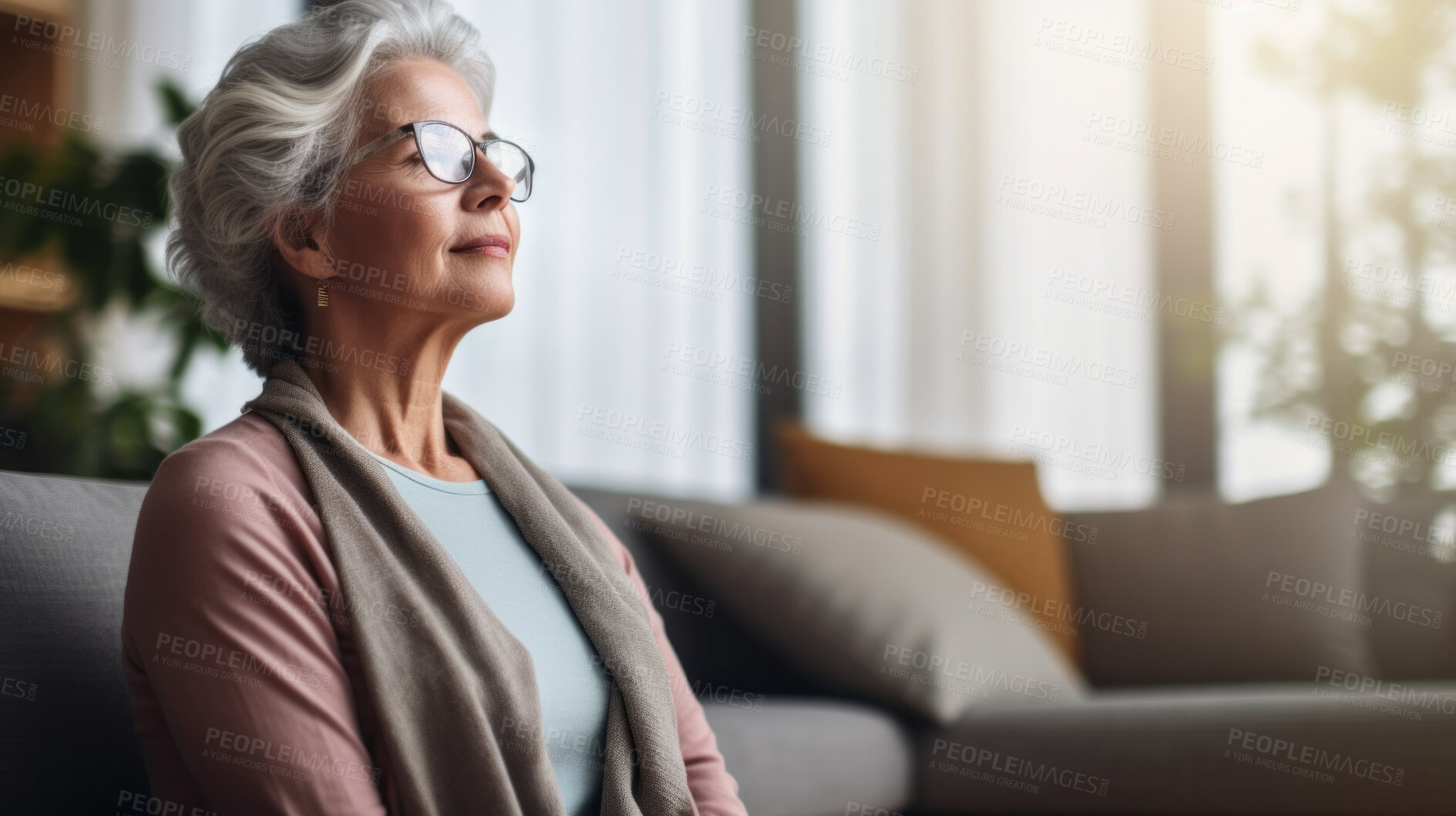 Buy stock photo Mature senior woman practice guided meditation for mental health problems and peace