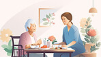 Senior woman sitting and enjoying breakfast with nurse in retirement home illustration