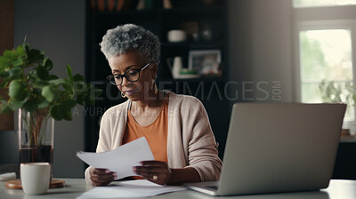 Laptop, documents and finance with a senior woman busy on a budget review or pension fund