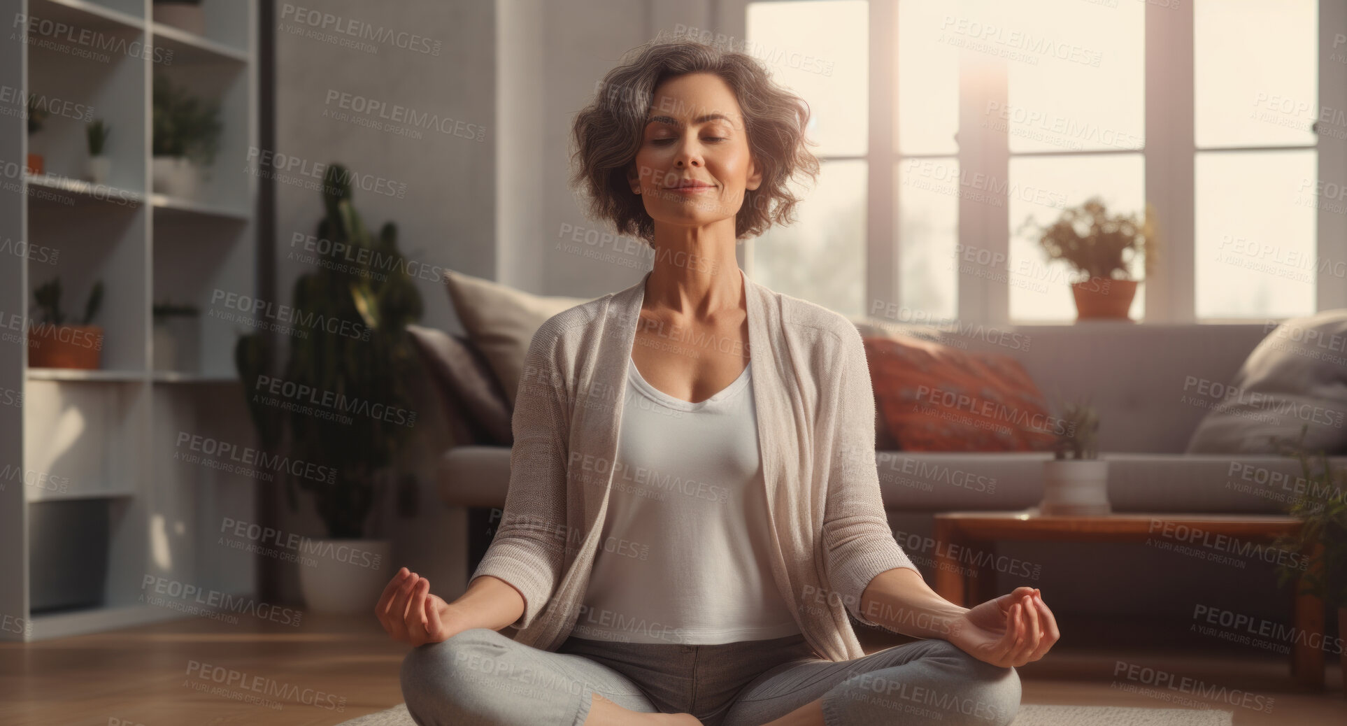 Buy stock photo Mature senior woman practice guided meditation for mental health problems and peace