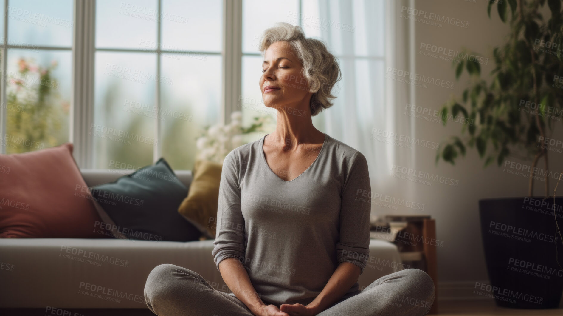 Buy stock photo Mature senior woman practice guided meditation for mental health problems and peace