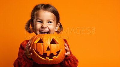 Buy stock photo Portrait of a happy toddler wearing a pumpkin costume for halloween celebration