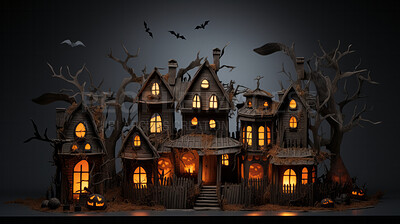 Buy stock photo Spooky halloween haunted home or village wallpaper or background for celebration