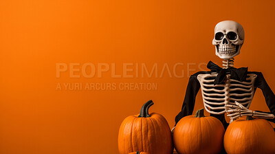 Buy stock photo Creepy skeleton render and carved pumpkins for halloween celebration against orange wall