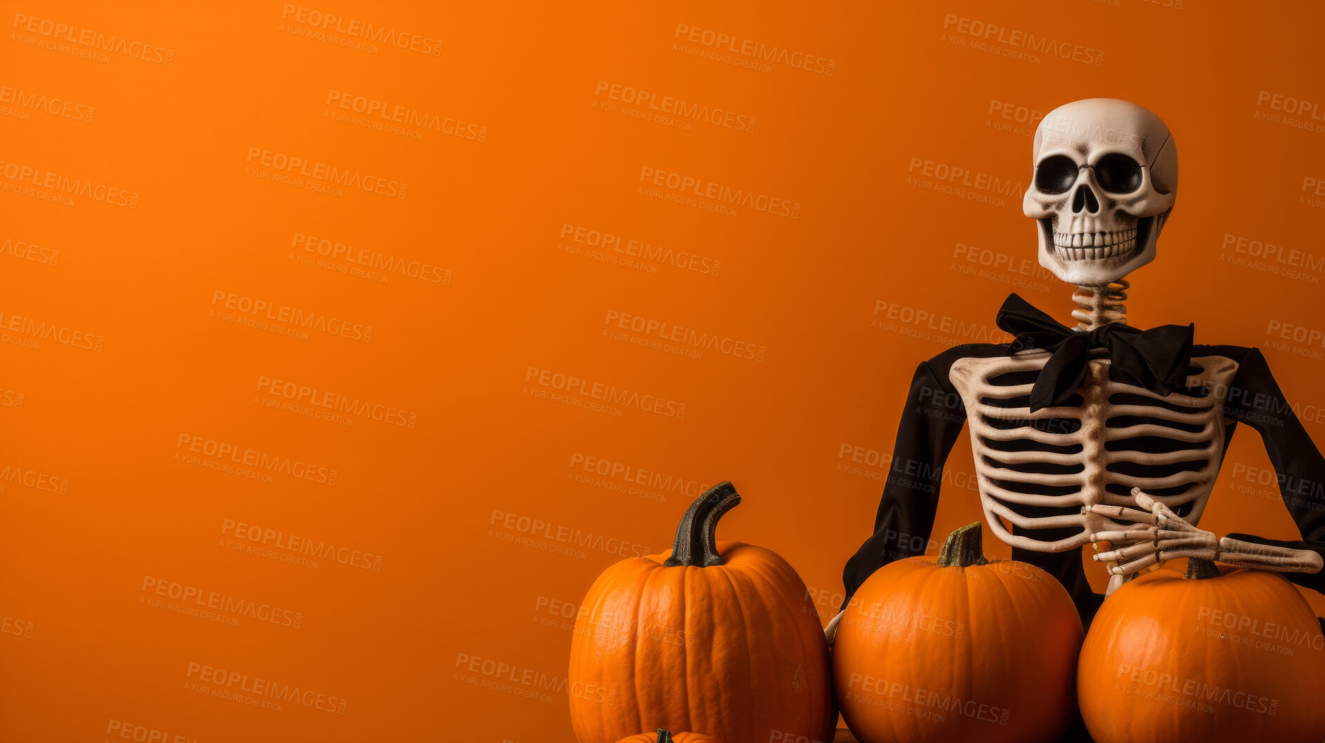 Buy stock photo Creepy skeleton render and carved pumpkins for halloween celebration against orange wall