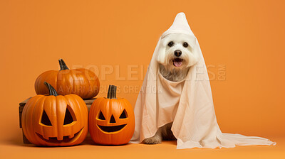 Dog wearing a ghost costume, carved pumpkins for halloween celebration against orange wall