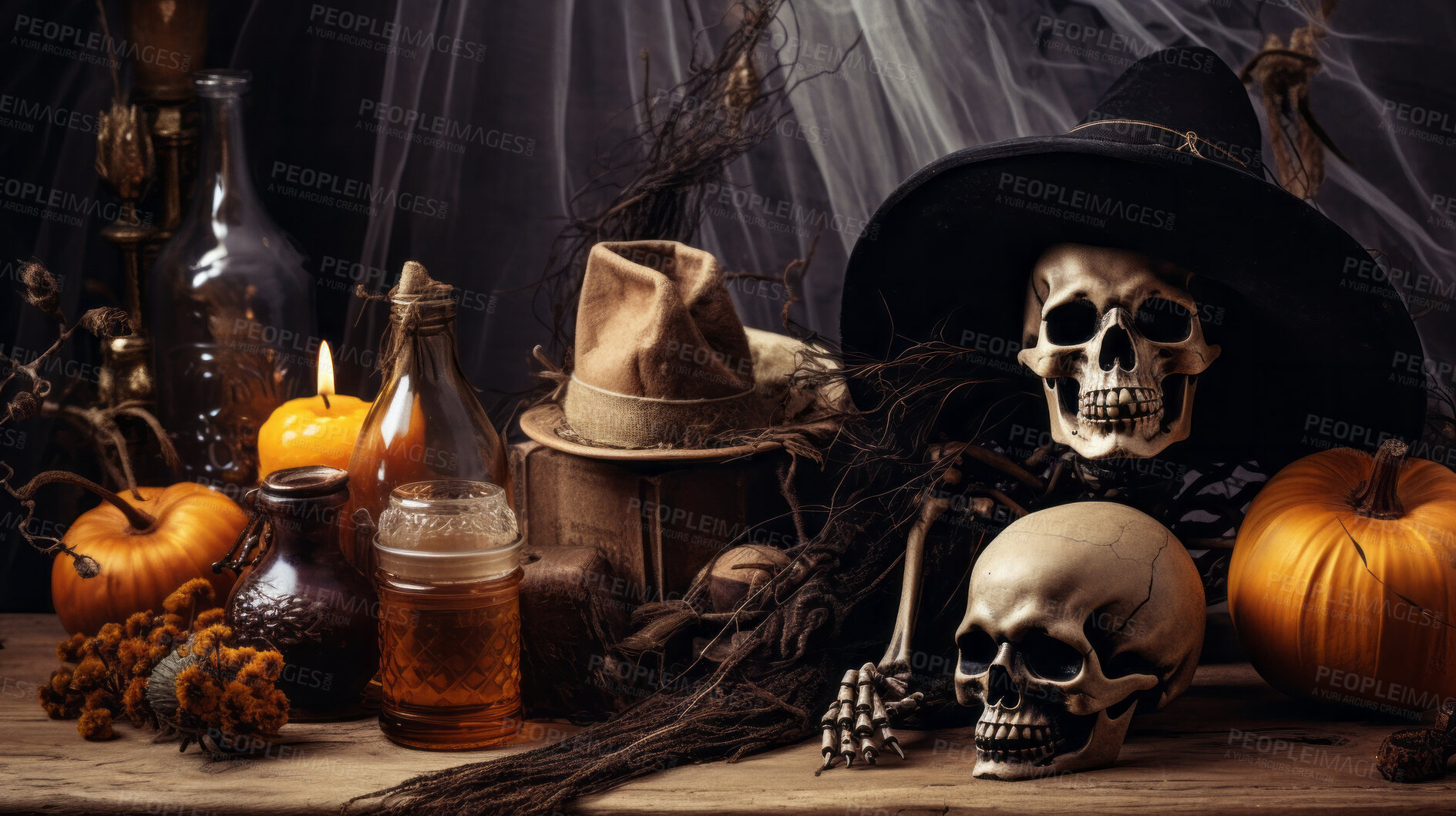 Buy stock photo Creepy and spooky halloween season decoration. Skull and pumpkin for occult or holiday