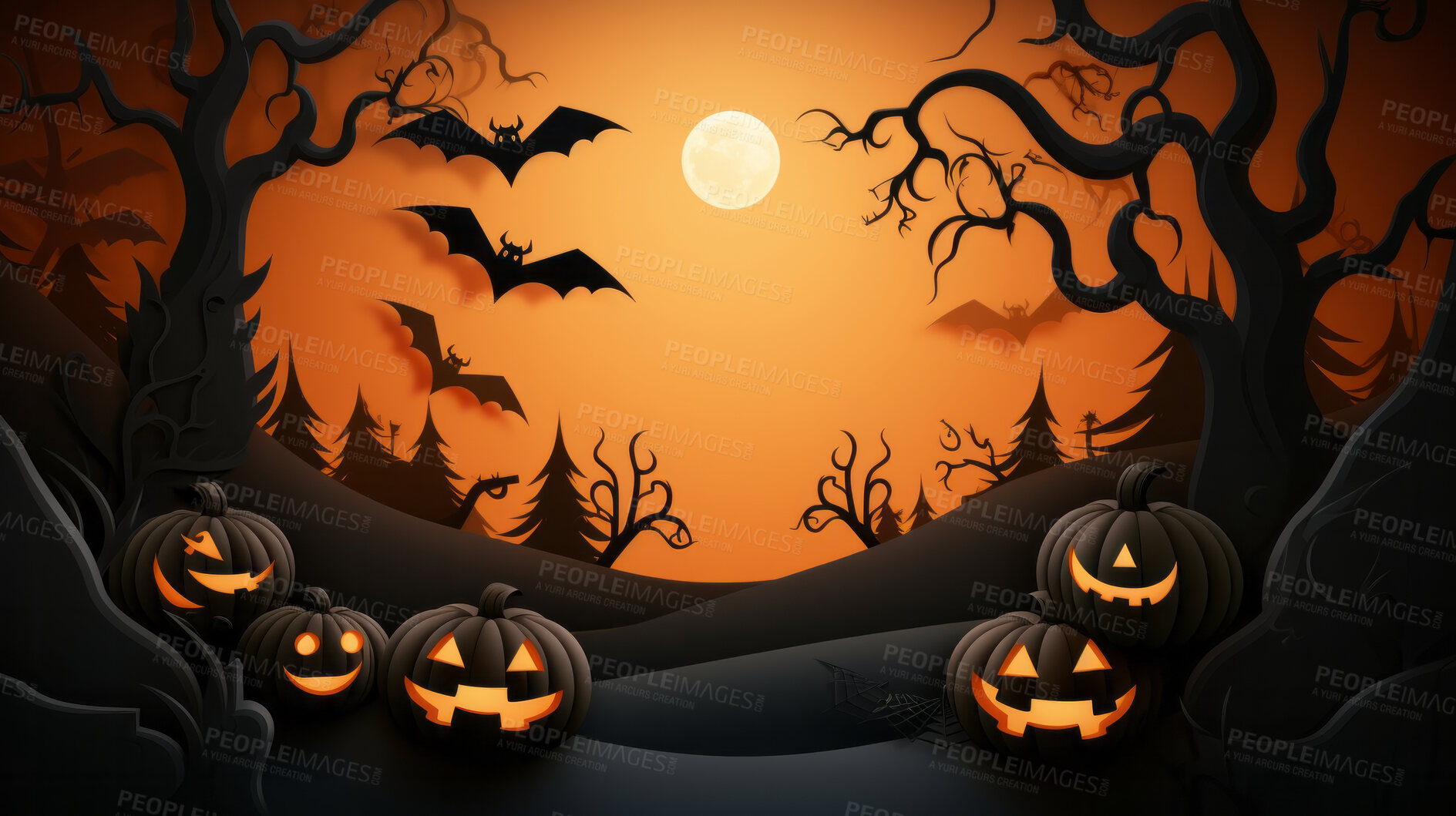 Buy stock photo Spooky halloween pumpkin illustration wallpaper or background for celebration