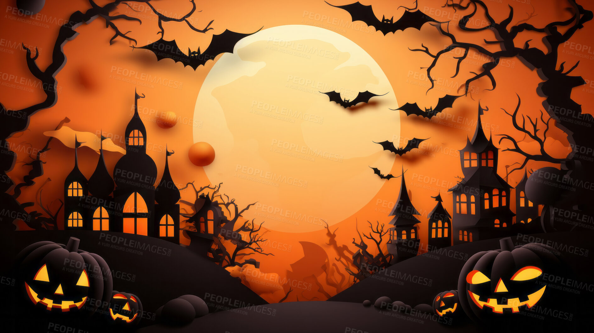 Buy stock photo Spooky halloween pumpkin illustration wallpaper or background for celebration