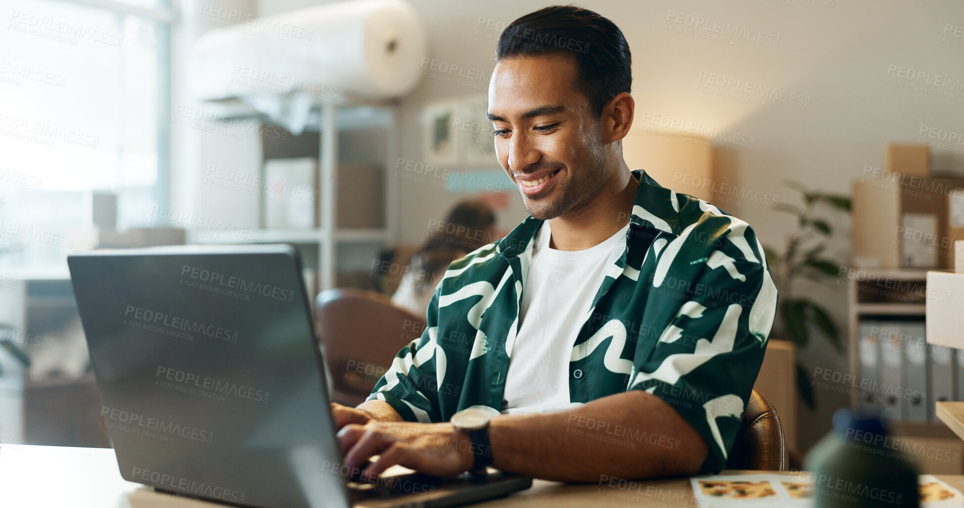 Buy stock photo Ecommerce, man and typing on laptop in office for research, feedback and supply chain for business. Asian, person and planning on pc for logistics, stock administration or package distribution data