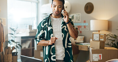 Buy stock photo Ecommerce, phone call and man with business, boxes and smile with connection, communication and online order. Entrepreneur, employee or worker with a smartphone, contact and digital app with startup 