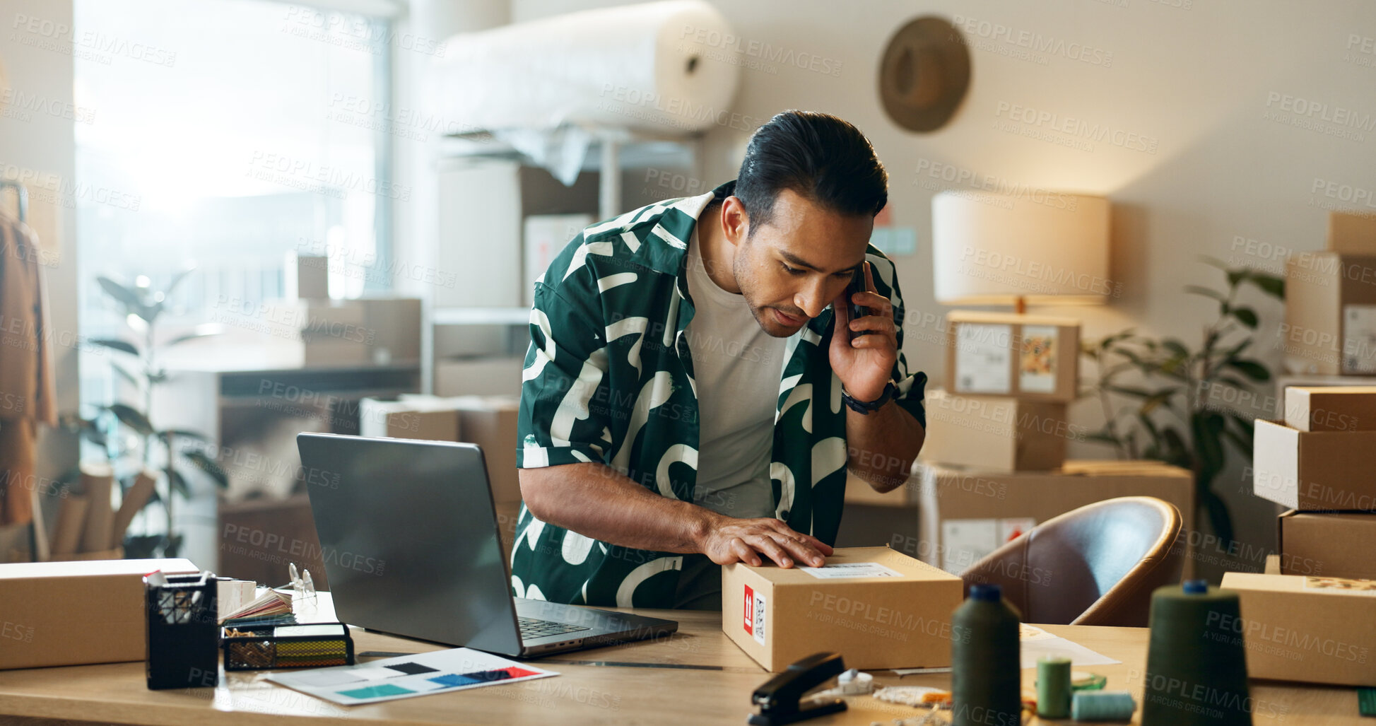 Buy stock photo Man, box and phone call in logistics or small business for order, inventory inspection or delivery at boutique. Male person talking on mobile smartphone with parcel, package or cargo at retail store