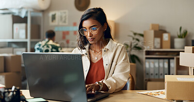 Buy stock photo Business, woman or reading on laptop in office for research, feedback and supply chain for ecommerce. Indian, person or planning on pc for logistics, stock administration or package distribution data