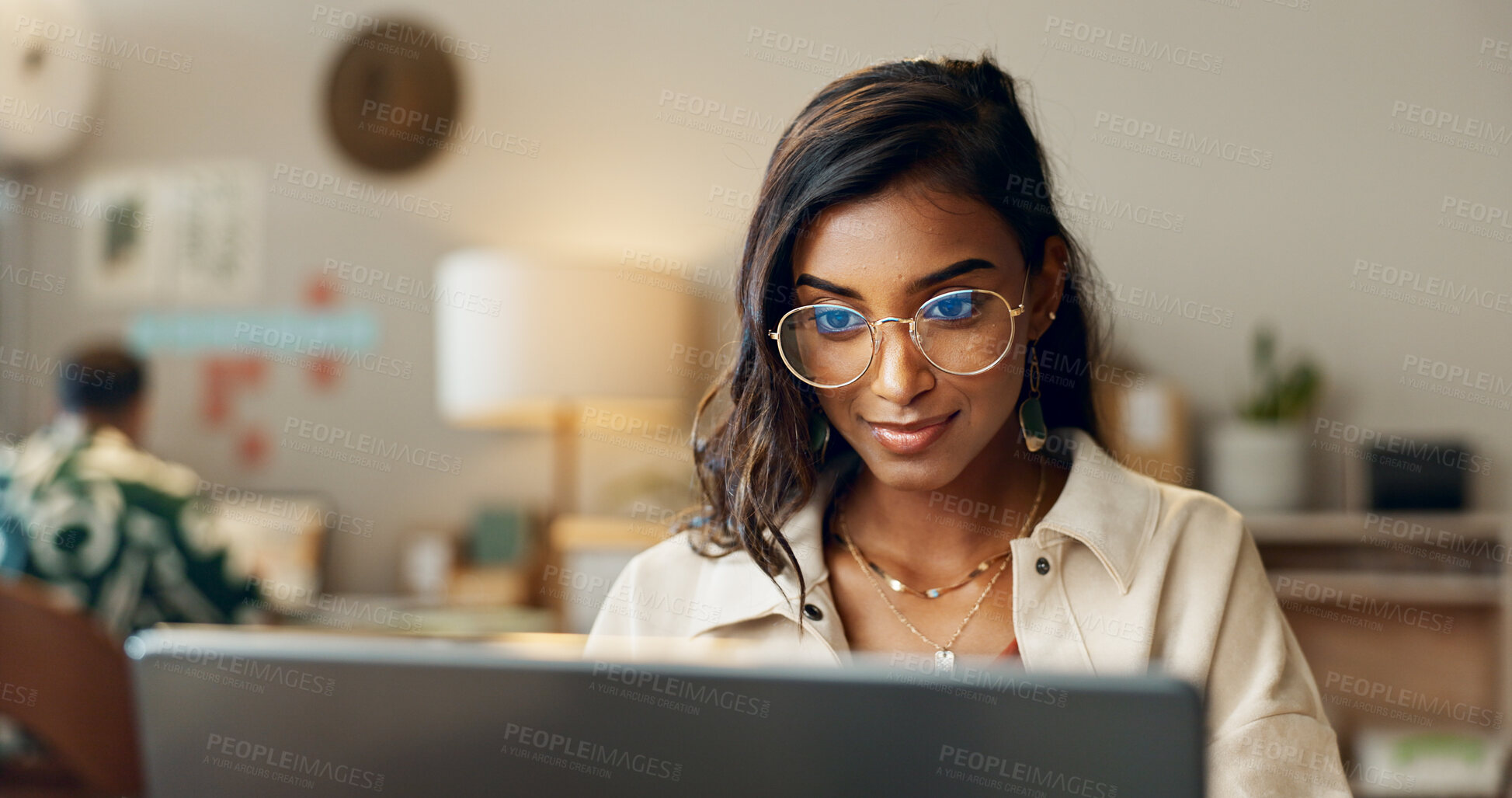 Buy stock photo Business, woman and reading on laptop in office for research, feedback and supply chain for business. Indian, person and typing on pc for logistics, stock administration or package distribution data